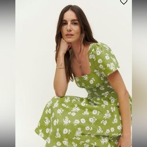 Reformation Pacome Linen Midi Dress in Shiso Green Floral Print Size 10 …